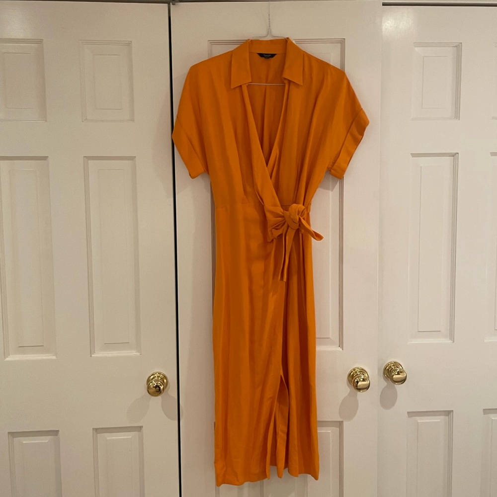 Massimo Dutti linen blend orange wrap tie dress in orange